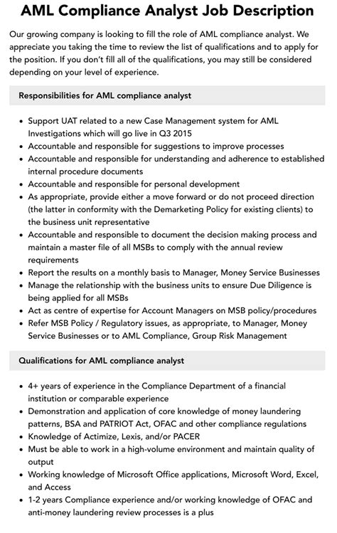 aml compliance analyst job description.